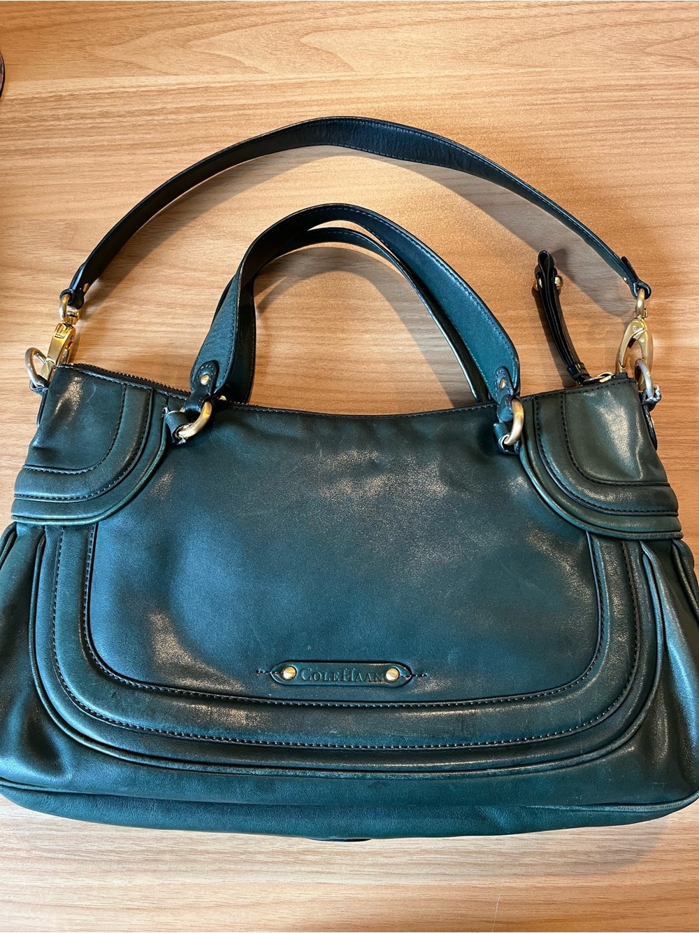 Cole Haan Green Leather Shoulder Bag with Gold tone Hardware